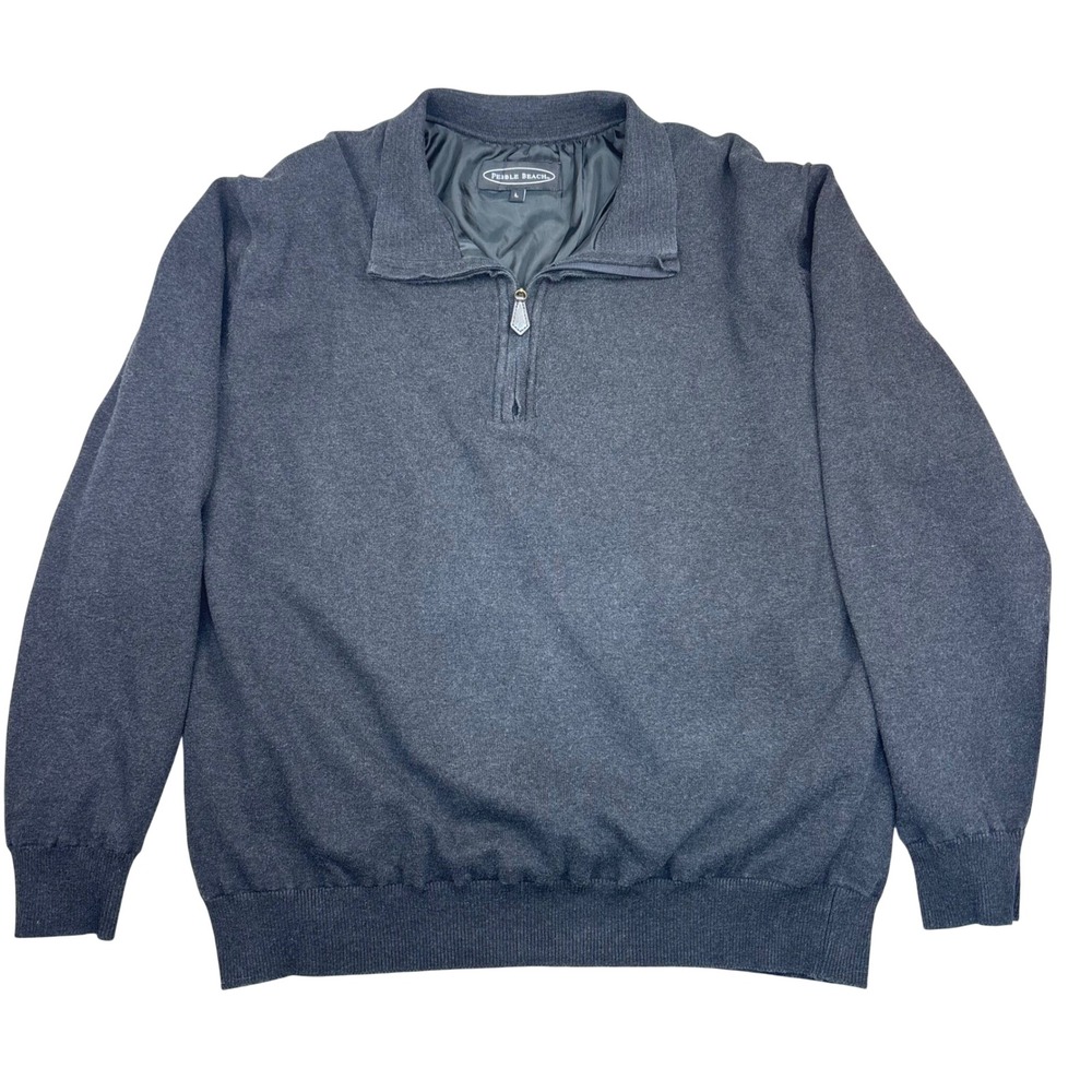 Pebble Beach Quarter Zip Pullover Charcoal Grey Lined Cotton Knit Golf Mens L